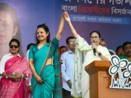 West Bengal CM and TMC chief Mamata Banerjee with party candidate Mahua Moitra at an election rally ahead of Lok Sabha polls, at Dhubuliya, in Nadia. PTI picture.